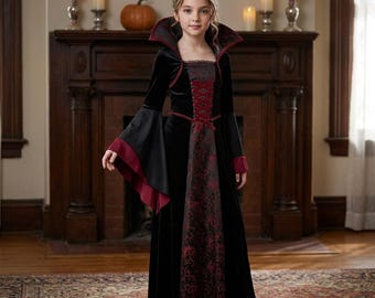 Costume da vampira per bambina, abito gotico nero e rosso per Halloween, costume da Dracula per bambini con mantello