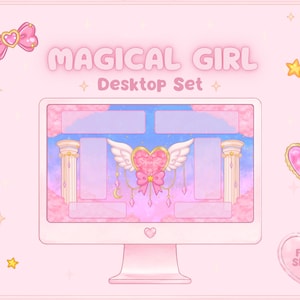 Może przedstawiać: Cyfrowy zestaw do organizacji pulpitu w jasnoróżowym kolorze z napisem MAGICAL GIRL Desktop Set. Ekran przedstawia centralny emblemat uskrzydlonego serca, klasyczne kolumny i miękkie chmury na tle niebieskiego nieba, ozdobione gwiazdami i kokardami.