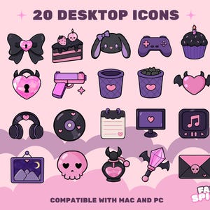 May include: A set of 20 digital desktop icons featuring a pink, purple, and black color palette. The icons include a bow, cake, rabbit, game controller, cupcake, heart lock, toy gun, trash bin, bat heart, headphones, record, notepad, monitor, music player, framed art, skull, potion bottle, wand, and envelope. The text reads 20 DESKTOP ICONS, COMPATIBLE WITH MAC AND PC, and FAIRY SPICES.