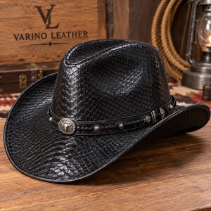 Black Leather Cowboy Hat, Python Embossed Western Style, Rodeo Festival Accessory