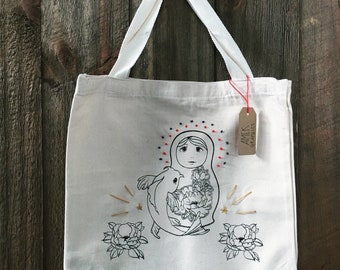 Matryoshka Peony & Koi Embroidered tote - Design C