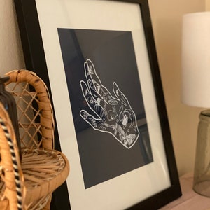 May include: A framed print of a hand with a dark blue background. The hand is drawn in white and features various small illustrations, including a butterfly, a crescent moon, a spider, and a rabbit.