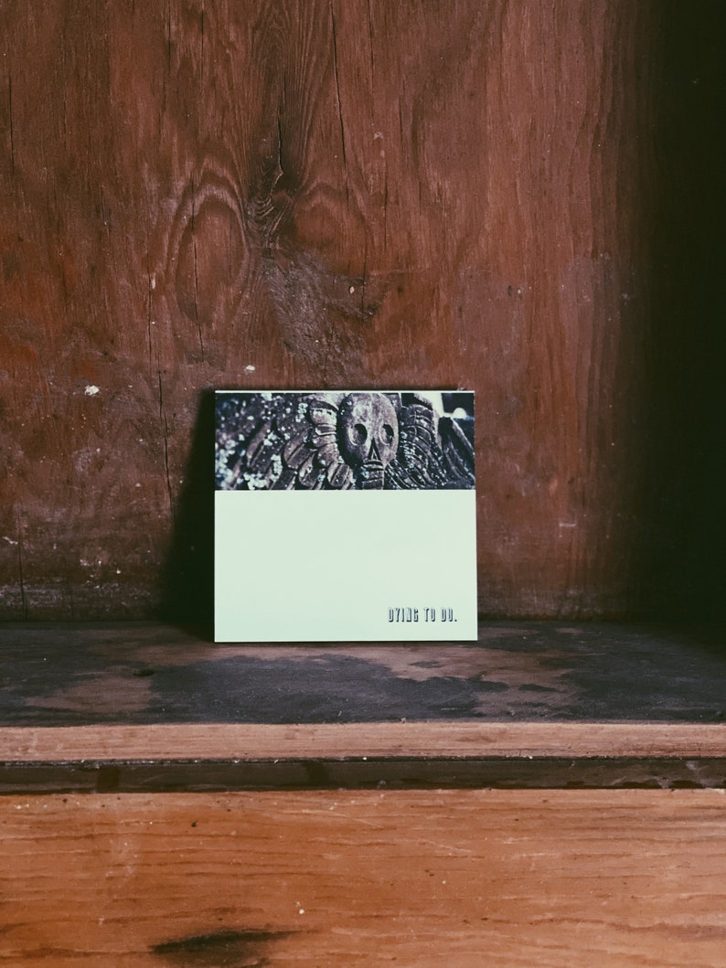 May include: A small, white card with a skull image and the text "Dying to Do." The card is sitting on a wooden shelf.