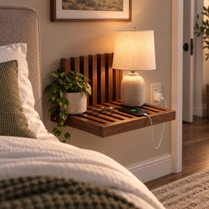May include: A wall-mounted floating nightstand crafted from dark brown wood with a slatted surface and a vertical slatted back panel. The nightstand holds a beige ceramic table lamp, a potted green plant, a pair of eyeglasses, and a charging smartphone.