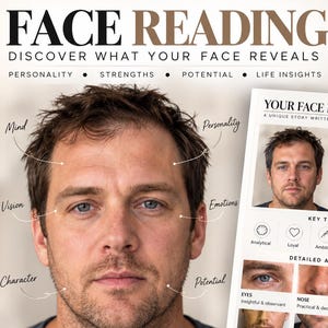 May include: A digital face reading report featuring a man's portrait with labels for mind, personality, vision, emotions, character, and potential. The document includes a detailed analysis of eyes, nose, mouth, face shape, and jawline traits.