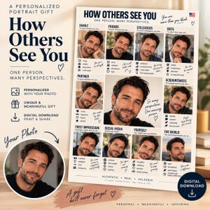 May include: A personalized portrait gift poster titled How Others See You, featuring a grid of nine photographs of the same man. Each section includes descriptive text and icons representing perspectives from family, friends, colleagues, boss, partner, and others.