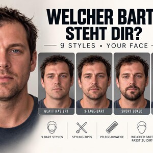 Op de afbeelding: Een digitale downloadgids getiteld WELCHER BART STEHT DIR? met een man met verschillende baardstijlen, waaronder glatt rasiert, 3-tage-bart, short boxed en vollbart. De afbeelding bevat tekst, iconen voor stylingtips, verzorgingsinstructies en 9 baardstijlen.