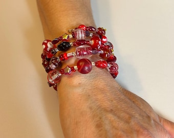 Red multi glass bead Memory Wire bracelet