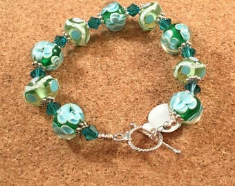 Lampwork and Crystal blue/green bracelet