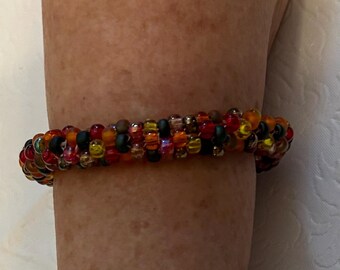 Beaded Bracelet, multi fall colors (orange, green, yellow res) with Sterling findings