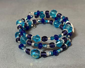 Blue/ Purple multi glass bead Memory Wire bracelet