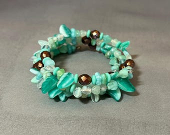 Green multi glass bead Memory Wire bracelet