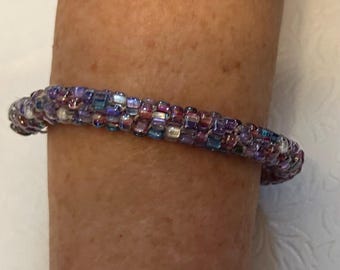 Multi color Purple Beaded bracelet with sterling - Larger Size