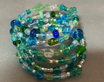 Blue/Green multi glass bead Memory Wire bracelet