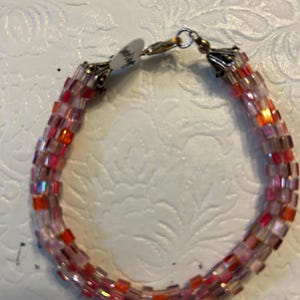 Beaded Bracelet, Multi color, pink, orange, purple, white, with sterling - Larger Size