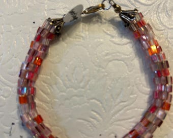 Beaded Bracelet, Multi color, pink, orange, purple, white, with sterling - Larger Size