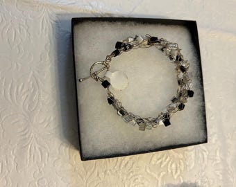 Crocheted Wire bracelet with glass cube multi color, black and white beads, Adjustable