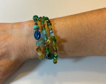 Green/Blue multi glass bead Memory Wire bracelet