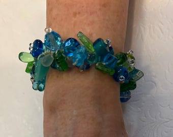 Blue and Green mix glass bead woven bracelet