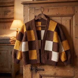 May include: A long-sleeve crochet cardigan featuring a chequered pattern in alternating squares of dark brown, mustard yellow, and cream. The garment has a ribbed collar, cuffs, and hem, with a buttonless open front design hanging on a wooden hanger.