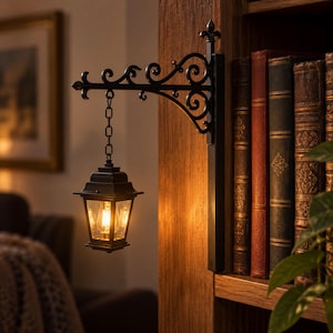 Op de afbeelding: Een zwarte metalen wandlantaarn met een sierlijke krulhouder en een kleine lantaarn die aan een ketting hangt. De lantaarn bevat een gloeiende lamp en het geheel is bevestigd aan de zijkant van een houten boekenplank.