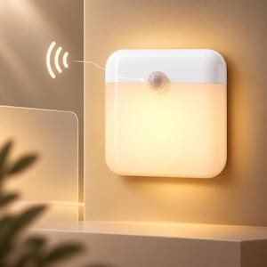 Luminária de parede LED recarregável com sensor de movimento, 8 x 8 cm, com carregamento USB.