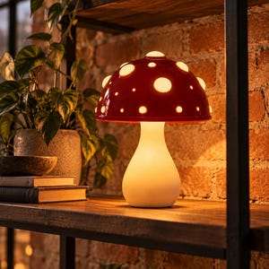 Red Mushroom Lamp, Amanita Toadstool Table Lamp, Cottagecore Bedside Lamp, Mushroom Night Light, Cozy Bedroom Decor, Christmas Gift
