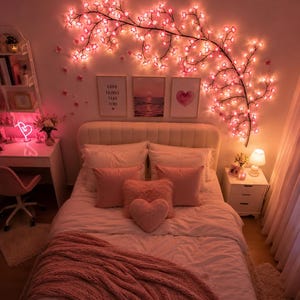 May include: A wall-mounted cherry blossom branch light fixture with glowing pink LED flowers. The branch spans horizontally across the wall above a bed, featuring numerous small, illuminated blossoms that cast a warm pink light throughout the room.
