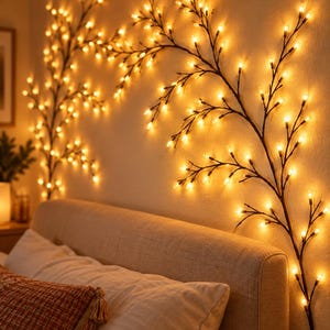 Op de afbeelding: Een decoratieve wandlamp in de vorm van donkerbruine boomtakken met talloze kleine, warmwitte led-lampjes aan de twijgen. De takachtige structuur is aan de muur bevestigd en strekt zich horizontaal uit boven een hoofdeinde van een bed.