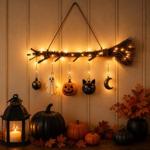 Op de afbeelding: Een heksenbezem voor aan de muur gemaakt van donkere takjes, verlicht door warme lichtsnoeren. Vijf ornamenten hangen aan de bezem: een donkere bol, een wit spookje, een oranje pompoen, een zwart kattengezicht en een gouden maansikkel.