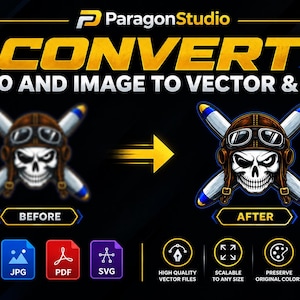 Op de afbeelding: Een digitale afbeelding die een wazig logo van een schedelpiloot toont dat wordt omgezet in een scherpe vectorversie. De tekst luidt ParagonStudio CONVERT LOGO AND IMAGE TO VECTOR & SVG. Pictogrammen voor AI, JPG, PDF en SVG-bestanden staan onderaan.