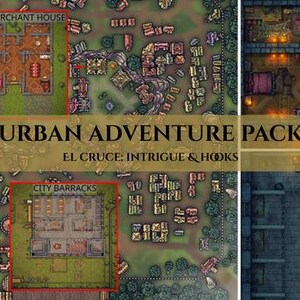Puede incluir: Un mapa digital de juego de rol titulado URBAN ADVENTURE PACK EL CRUCE: INTRIGUE & HOOKS. La imagen muestra una vista cenital de un plano de ciudad, incluyendo planos detallados de una casa de un comerciante rico y un cuartel.
