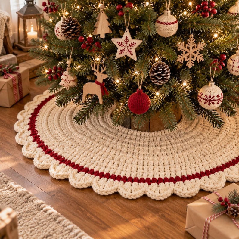 Puede incluir: Una falda de &aacute;rbol de Navidad redonda tejida a ganchillo en color crema, con una banda circular gruesa de color rojo oscuro y un borde festoneado. La falda est&aacute; hecha de lana gruesa y se coloca en la base de un &aacute;rbol decorado.