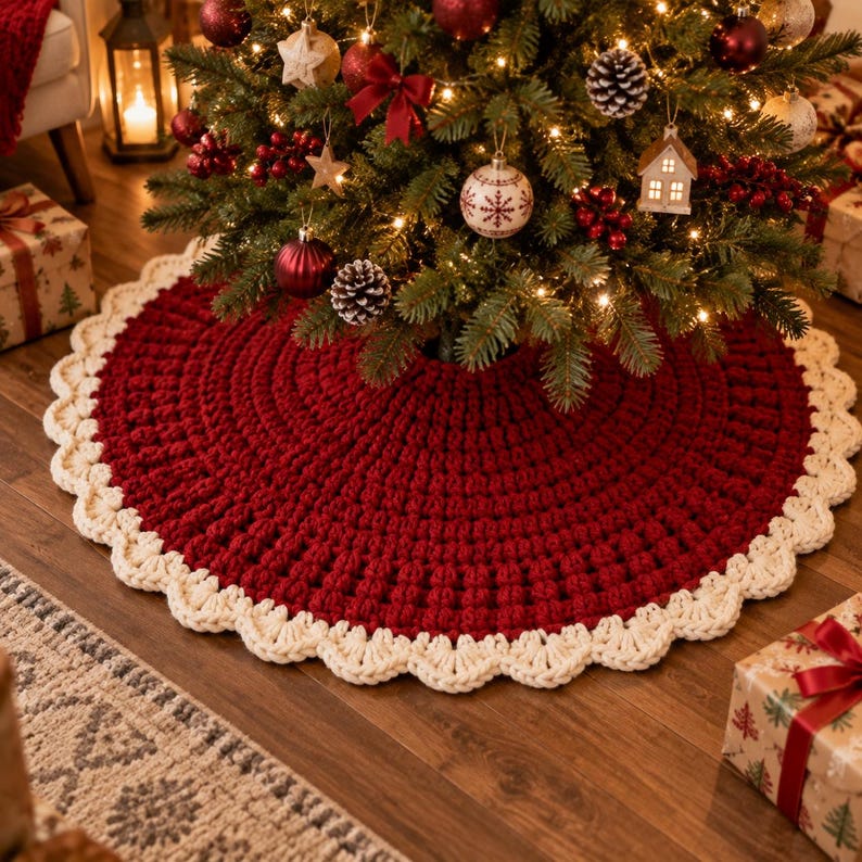 Puede incluir: Una falda de &aacute;rbol de Navidad circular tejida a ganchillo en color rojo oscuro, con un borde festoneado grueso de color crema. La construcci&oacute;n de hilo grueso y texturizado crea una base densa y c&aacute;lida para el &aacute;rbol.