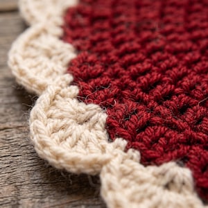 Puede incluir: Un posavasos de ganchillo circular que presenta un centro de color rojo burdeos intenso con un patr&oacute;n de puntos texturizados, acabado con un borde festoneado decorativo en hilo color crema que enmarca el borde.