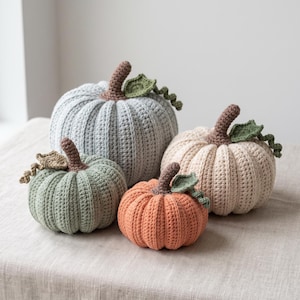 May include: A set of four crocheted pumpkins in varying sizes and colors, including light blue, sage green, cream, and orange. Each pumpkin features a brown crocheted stem, a small green crocheted leaf, and a curly green vine accent.