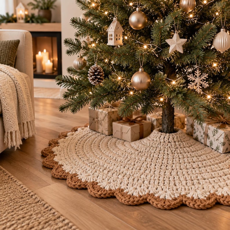 Puede incluir: Una falda de &aacute;rbol de Navidad redonda y tejida a ganchillo, con un centro grueso de color crema y un borde festoneado texturizado en hilo marr&oacute;n medio. La falda est&aacute; colocada en la base de un &aacute;rbol decorado con regalos.