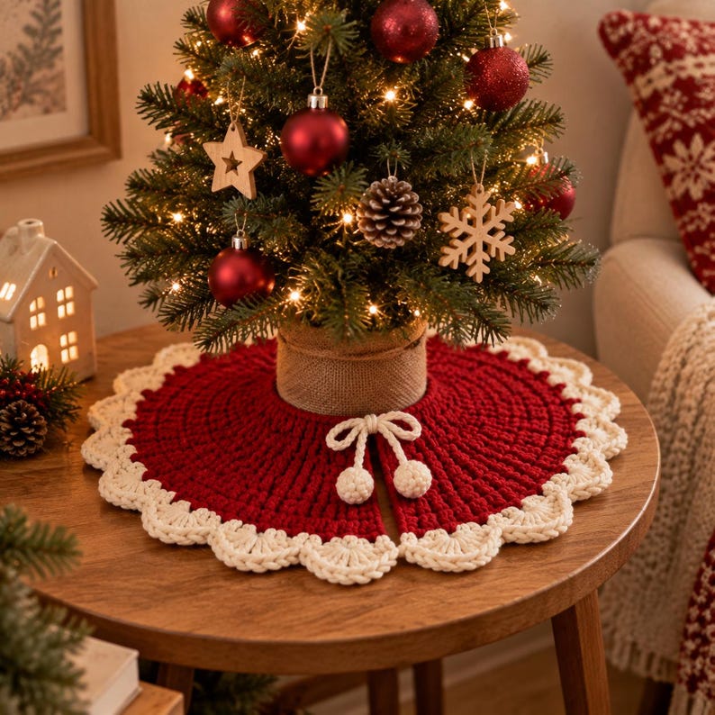 Puede incluir: Una falda de &aacute;rbol de Navidad tejida a ganchillo en color rojo intenso con un borde festoneado grueso de color crema. La falda presenta una abertura central asegurada por dos lazos de hilo color crema con pompones, bajo un &aacute;rbol peque&ntilde;o.