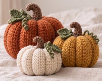 Puede incluir: Tres calabazas tejidas a ganchillo de diferentes tamaños y colores. La más grande es de color naranja quemado, la mediana es amarillo mostaza y la más pequeña es crema. Cada calabaza tiene un tallo marrón, hojas y zarcillos verdes.