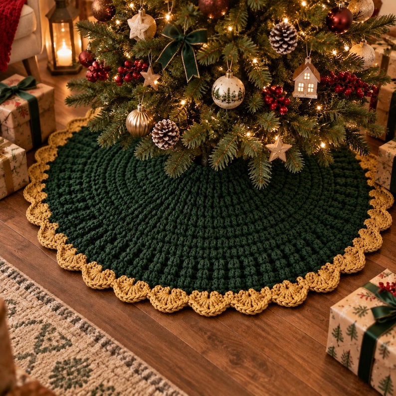 Puede incluir: Una falda de &aacute;rbol circular tejida a ganchillo en color verde oscuro con un patr&oacute;n de punto acanalado texturizado y un borde festoneado decorativo en color amarillo mostaza bajo un &aacute;rbol de Navidad.
