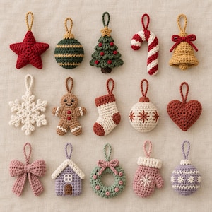 Puede incluir: Un conjunto de quince adornos de ganchillo con diversas formas, incluyendo una estrella roja, una bola verde, un árbol de Navidad, un bastón de caramelo, una campana dorada, un copo de nieve blanco, un hombre de jengibre, un calcetín, un corazón, un lazo, una casa, una corona, una manopla y una bola morada.