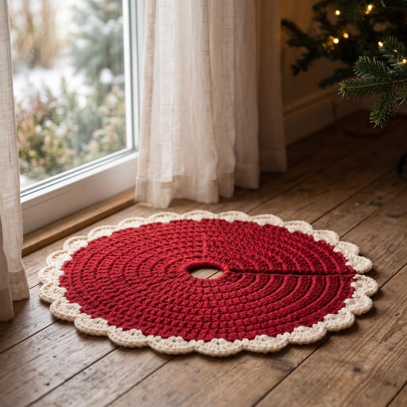 Puede incluir: Una falda de &aacute;rbol de Navidad circular tejida a ganchillo, con un centro rojo intenso y un borde festoneado de color crema. El accesorio textil tiene una abertura central y una ranura recta que se extiende hasta el borde.