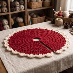 Puede incluir: Una falda de &aacute;rbol circular tejida a ganchillo en color rojo oscuro, con un patr&oacute;n de puntos texturizados y un borde festoneado de color crema. La pieza tiene una abertura central y una ranura recta hasta el borde exterior.