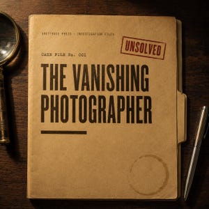 May include: A tan manila file folder titled The Vanishing Photographer with a red UNSOLVED stamp, a magnifying glass on the left, and a silver pen on the right. The cover features the text GREYTRACE PRESS INVESTIGATION FILES CASE FILE No. 001.