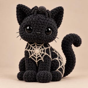 Puede incluir: Un gato de peluche tejido a ganchillo en color negro con grandes ojos negros brillantes, una pequeña araña sobre la cabeza y un patrón de telaraña color crema bordado en el pecho y el costado. Tiene cola curva y bigotes.