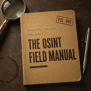May include: A tan-colored book titled The OSINT Field Manual, Vol. One, by Greytrace Press, featuring black text on the cover. A brass-rimmed magnifying glass is positioned at the top left, and a silver mechanical pencil lies on the right side.