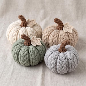 May include: Four crocheted pumpkins in cream, beige, sage green, and light gray. Each pumpkin features a cable-knit texture, a brown crocheted stem, and a single cream-colored crocheted leaf attached to the top of the stem.