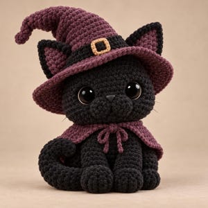 Häxkatt Virkmönster PDF, Svart katt Amigurumi med häxhatt och kappa, Halloween plyschkattunge, Chenille kattleksak, Spöklik söt present