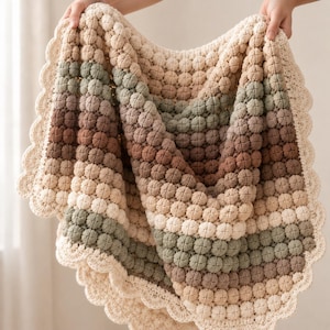 Puff Stitch Blanket Crochet Pattern PDF, Ombré Neutral Throw, Textured Crochet Blanket, Easy Four Row Repeat, 2 Sizes, Instant Download