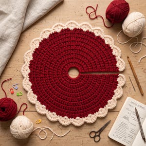 Puede incluir: Una falda de &aacute;rbol de ganchillo circular de color rojo oscuro con un borde festoneado de color crema. La pieza tiene un orificio central y una abertura para su colocaci&oacute;n. Incluye ovillos de lana roja y crema, un ganchillo de madera, tijeras y un cuaderno.